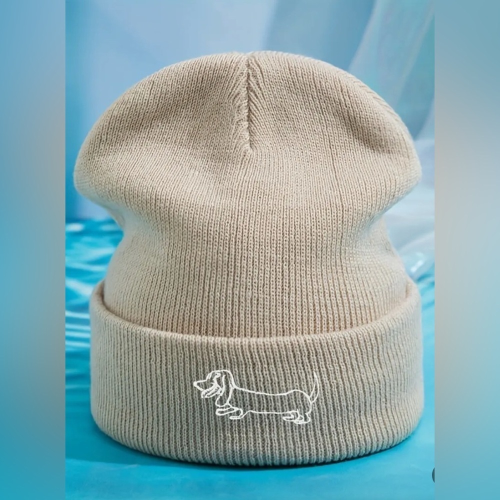 NEW Kids Beige Beanie with Dachshund Embroidery